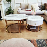 Snowy Mountain Faux Modern Marble Slate Nesting Coffee Table Set Leather Wrapped Wood Drawers V255-CT-NESTING-GOLDFRM-CW-WH
