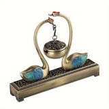 Swan Lake Double-Layer Incense Burner, Dual-Purpose Design, Deep Blue-Gold Swan, Auspicious Tea & V1232-TRHXL001