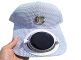 Grey Solar Powered Fan Hat - Breathable Mesh Cap with USB Rechargeable Cooling Fan, LED Display, V888-ELOSUNG56262-2