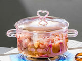 Pink Glass Saucepan with Handle, 6*4 inch Glass Pots for Cooking on Stove, Heart-shaped Lid V1369-AZ3-W-16945