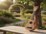 Mahogany color 17-inch Playable Ukulele Mini Guitar, lightweight and portable. Features comfortable V1106-KTZXJT001