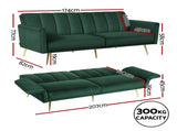 Artiss Sofa Bed 3 Seater Couch Convertible Lounge Adjustable Arm Recliner Velvet SBED-J-02-VEL-GN-AB