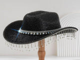Black Rhinestone Fringe Cowboy Hat - Sparkling Western Party Hat with Round Gemstone Band and V888-ELOSUNG57115-6