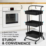 Trolley Cart Storage Utility Rack Shelf Organiser Swivel Kitchen 3 Tier BLACK V274-HA-GO37-TC-3BK