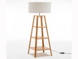 Eiffel 3 Tier Natural Wood Floor Lamp w/ Storage Shelves Off White Linen Shade V563-75173