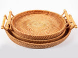 Hand Woven Round Rattan Serving Tray Bread Fruit Dessert Snack Basket with Handles 3 Piece Set V1294-YM0703-3118230027214