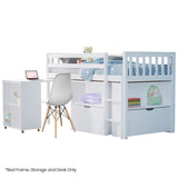 KINGSTON SLUMBER Wooden Kids Single Loft Bed Frame with Pull Out Desk, Storage Drawers - White V219-BEDSBBKSL3WA