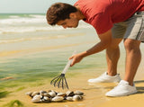 Clam Rake with Mesh Net,Carbon Steel Clamming Shell Digger,Wooden Handle Sand Sifting Tool for V1369-AZ3-W-14723