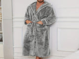 Men's Plush Fleece Hooded Bathrobe Grey XL Size Shawl Collar Dressing Gown - Thick Warm Soft Winter V888-ELOSUNG54501