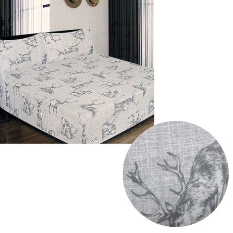 ICF Store Cotton Flannel Combo Fitted Sheet Set Queen Stag Deer V442-ATX-FITTEDSS-CFSTAGDEER-SILVER-QS