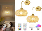 Battery Operated Wall Sconce Set of 2, Rechargeable Rattan RGB Light, Remote, Bedroom V1263-JX-5782