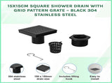 15x15cm Square Shower Drain with Grid Pattern Grate Matte Black 304SS, CUPC Certified with Hair V63-955601