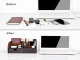 PU Leather Desk Organizer with 6 Compartments and Drawer, Storage Box for Pens and Office Supplies, V1237-ZY-917-142