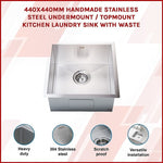 440x440mm Handmade Stainless Steel Undermount / Topmount Kitchen Laundry Sink with Waste V63-772965