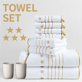 8-Piece White Luxury Coral Fleece Bath Towel Set - Gold Star Embroidery Ultra Absorbent Soft Plush V888-ELOSUNG55371