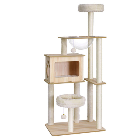 i.Pet Cat Tree Tower Scratching Post Scratcher 142cm Wood Bed Condo House PET-CAT-WOOD142-BE