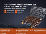 1/2" Drive Impact Socket Set, 65 Piece Socket Set SAE 3/8" to 1-1/4" and Metric 10-24mm, 6 Point V952-CJT12SAECRV65DDRDV0