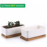 17Cm Ceramic Succulent Pot With Bamboo Tray White 2 pcs Set, Cactus Planter Cache Pot Jardinire V1188-MS-227-2781