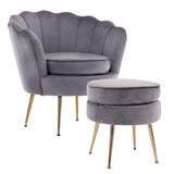 Armchair Lounge Chair Accent Velvet Shell Scallop Ottoman Footstool Round GREY V274-FT-VAC-ST-1596-GY