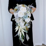 Wedding Bouquets for Bride Artificial Silk Rose Bouquets, Champagne Grey Blue Cascading Floral V1366-AZ2-W-21074
