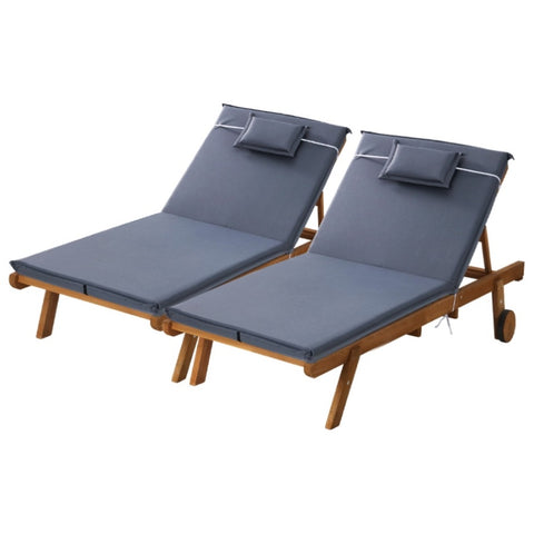 Gardeon 2x Sun Lounge Wooden Lounger Outdoor Furniture Day Bed Wheel Patio Grey ODF-B-LOUNGE-WHEEL-GEX2