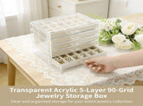Transparent Acrylic 5-Layer 90-Grid Jewelry Storage Box, Clear Earring Case with Adjustable Velvet V1192-AZ-W-18421