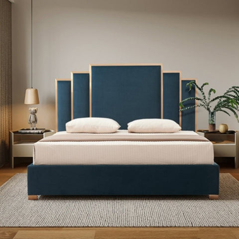 Austin Bed Frame Polyester Turquoise Fabric Padded Upholstery High Quality Slats Polished Stainless V43-BED-AUS-KBU