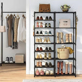 SOGA 16-Shelf Tier Shoe Storage Shelf Space-Saving Caddy Rack Organiser with Side Hooks Black RACK0003