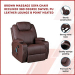 Brown Massage Sofa Chair Recliner 360 Degree Swivel PU Leather Lounge 8 Point Heated V63-834001