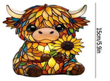 Sunflower Highland Cow Lamp, Stained Glass Table Lamp, Cute Highland Cow Night Light, Rustic V1192-AZ-W-33889