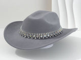 Rhinestone Cowboy Hat - Gray Western Hat with Iridescent Gemstone Fringe Band, Wide Curved Brim for V888-ELOSUNG57116-3