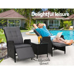 Gardeon 3PC Recliner Chairs Table Sun lounge Outdoor Furniture Wicker Adjustable Black ODF-RCL-RW-FT-3BK