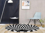 Round Black White Grid Carpet 3D Vortex Room Bedroom Anti Slip Floor Mats Home Carpet Rugs V1294-YM0717-10100328