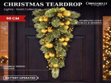 Christabelle 90cm Gold Christmas Teardrop Wreath Pre Lit Warm White LED Timer Baubles Berries F 112_SENG90T
