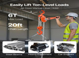 Manual Lever Chain Hoist, 6T 6000KG Capacity Heavy Duty Come Along, 6M Lift G80 Alloy Steel Chain V952-CGKSBHLHL6T2SKL28001V0