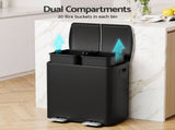 Cefito Pedal Bins Rubbish Bin Dual Compartment Waste Recycle Dustbins 40L Black RB-40L-2P-BK