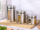 Plated Silver Stainless Steel Kitchen Storage Canister with Glass Window 3Pcs V1370-AZ4-08818