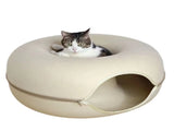 Beige Felt Donut Cat Bed with Zipper Tunnel Toy, Double-Layer Pet Cave for Cats, M Size , V888-ELOSUNG48637