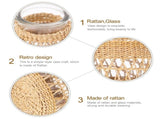Boho Rattan Glass Vase with Woven Design, Decorative Flower Planter for Dried Flowers, Home Decor V1366-AZ2-W-23002