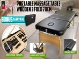 Wooden Portable Massage Table Bed 3 Fold 70cm BLACK V274-MT-BLACK
