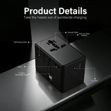 100W Universal Travel Adapter, GaN International Power Adapter with Retractable USB-C Cable, 3 USB-C V1274-100WGAN