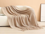 Khaki Elegant Openwork Knitted Throw with Tassels - 130x230cm Large Decorative Soft Sofa V888-ELOSUNG51000