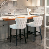 2x Velvet Upholstered Button Tufted Bar Stools with Wood Legs and Studs-Beige V226-SW1824BG
