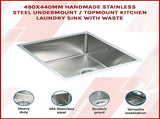 490x440mm Handmade 1.2mm Stainless Steel Undermount Topmount Kitchen Laundry Sink with Waste V63-770015
