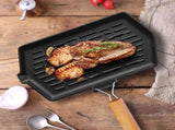 SOGA Rectangular Cast Iron Griddle Grill Frying Pan with Folding Wooden Handle ZPAI047