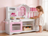Keezi Wooden Kids Pretend Kitchen Playset with 29pc Food Set Pink White PLAY-WOOD-PRINCESS-3IN1