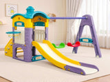 Keezi Kids 4-in-1 Slide Swing Set Double Swing Basketball Hoop Playhouse KPS-SLIDE-2SWING-CLF-AB