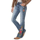 Women'S Floral Embroidery Mid Waist Mid Stretch Bootcut Jeans with Pockets Blue M V1192-AZ-W-20810