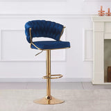 2x Height Blue Velvet Padded Golden Round Base Barstools Chairs V255-GP1802R-BLUE