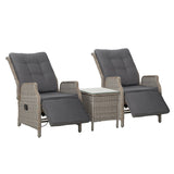 Gardeon 3PC Recliner Chairs Table Sun lounge Outdoor Furniture Wicker Adjustable Grey ODF-RCL-RW-FT-3GE